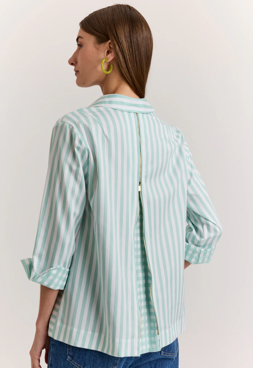 Xena 3/4 Sleeve Stripe/Gingham Combo Shirt in Sea Glass/White