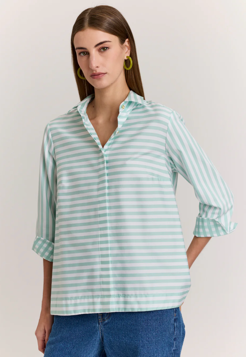 Xena 3/4 Sleeve Stripe/Gingham Combo Shirt in Sea Glass/White