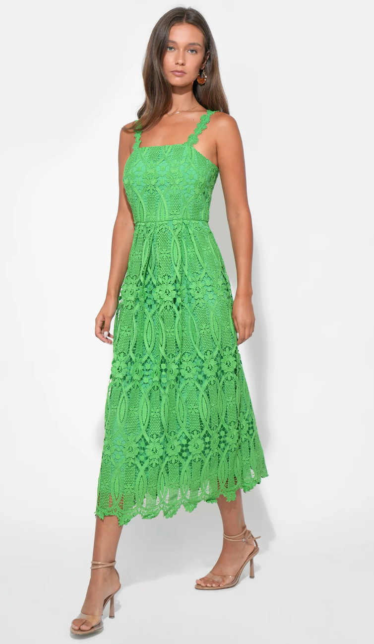Alice Strap Lace Midi Dress in Matcha Green