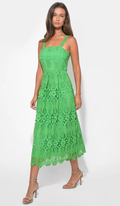 Alice Strap Lace Midi Dress in Matcha Green