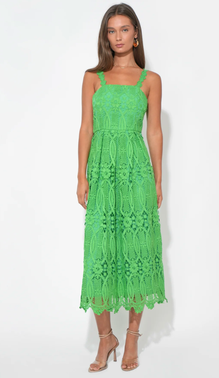 Alice Strap Lace Midi Dress in Matcha Green