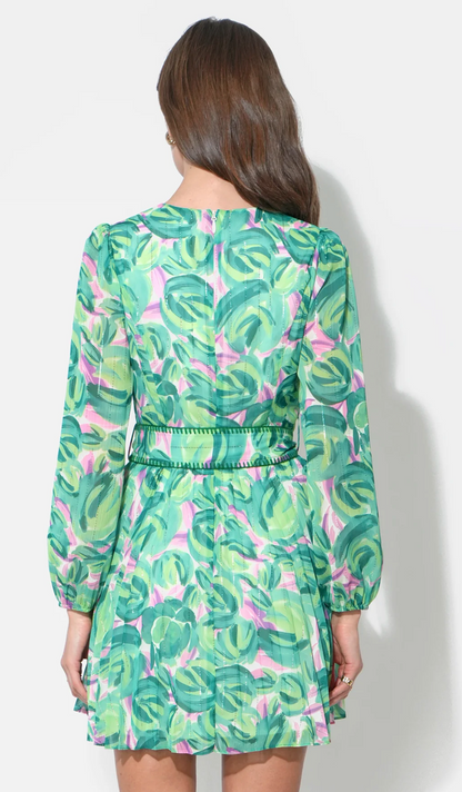 Rylee Pleated Long Sleeve Mini Dress in Green