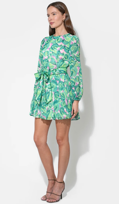 Rylee Pleated Long Sleeve Mini Dress in Green