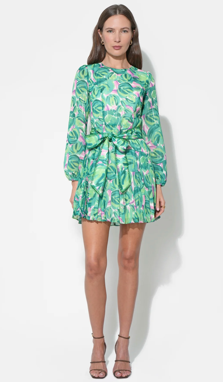 Rylee Pleated Long Sleeve Mini Dress in Green