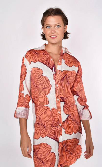 Pink Leaf Ginkgo Linen Girlfriend Mini Dress