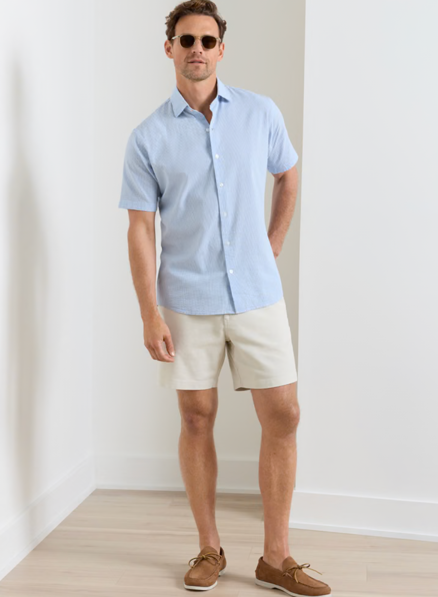 Coastal Stripe Cotton Lyocell Sport Shirt in Bluebird