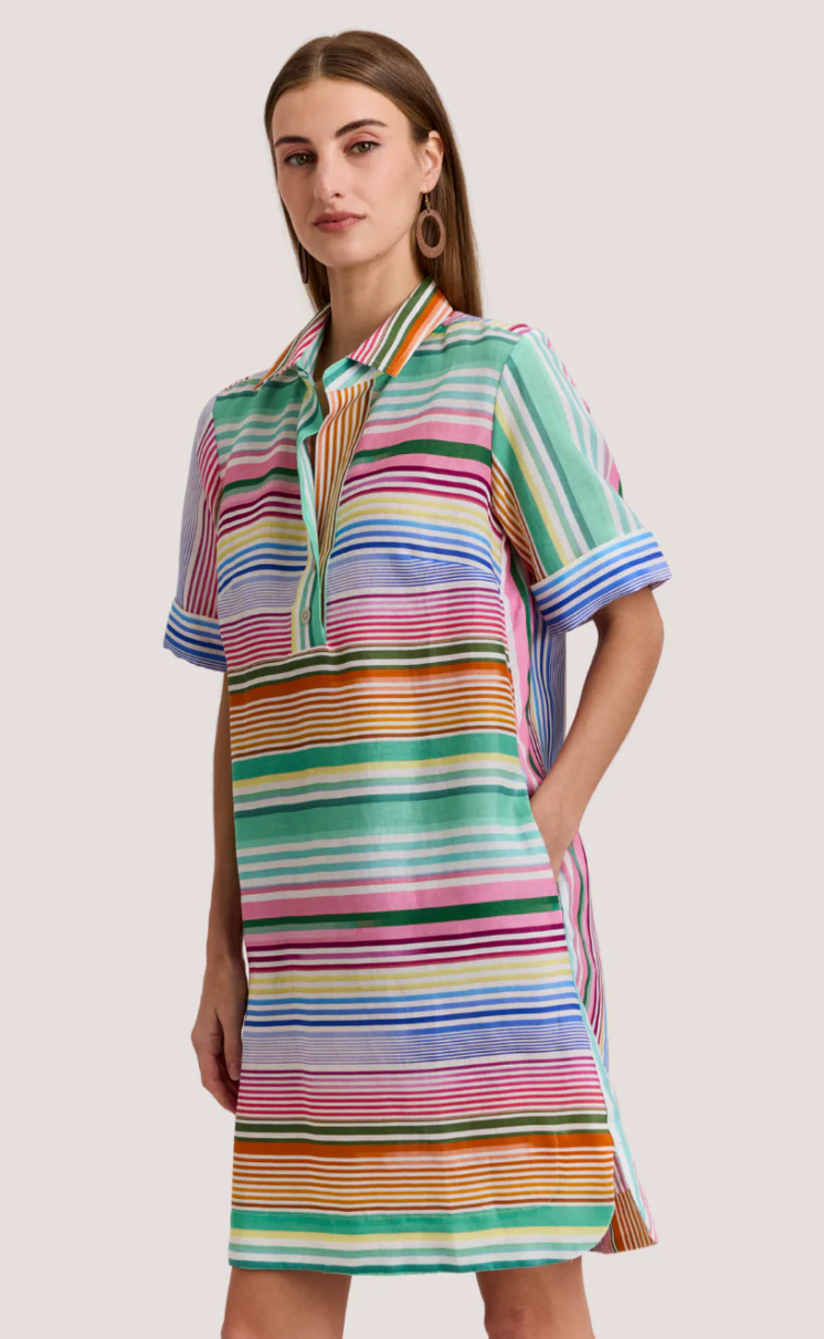 Aileen Short Sleeve Multi Linen Stripe Dress