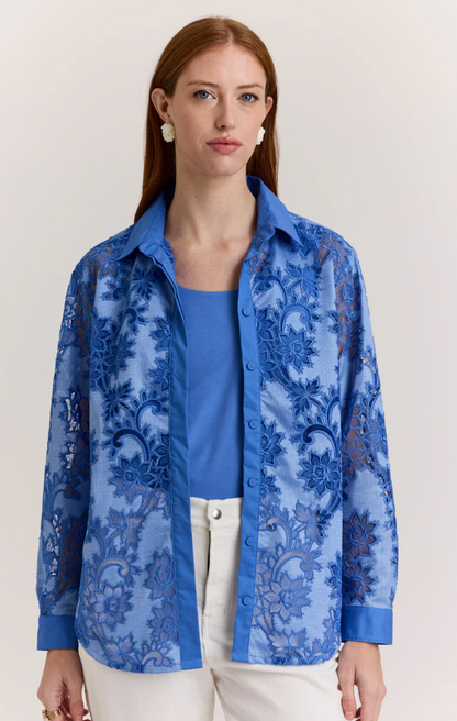 Halsey Long Sleeve Floral Motif Lace Shirt in Lake Blue