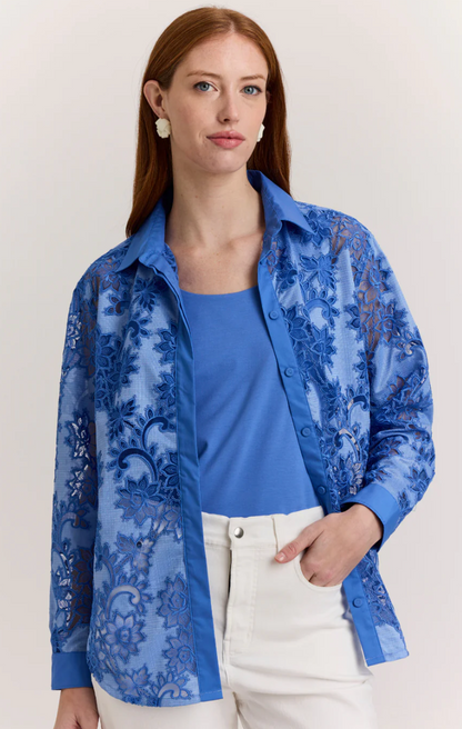 Halsey Long Sleeve Floral Motif Lace Shirt in Lake Blue