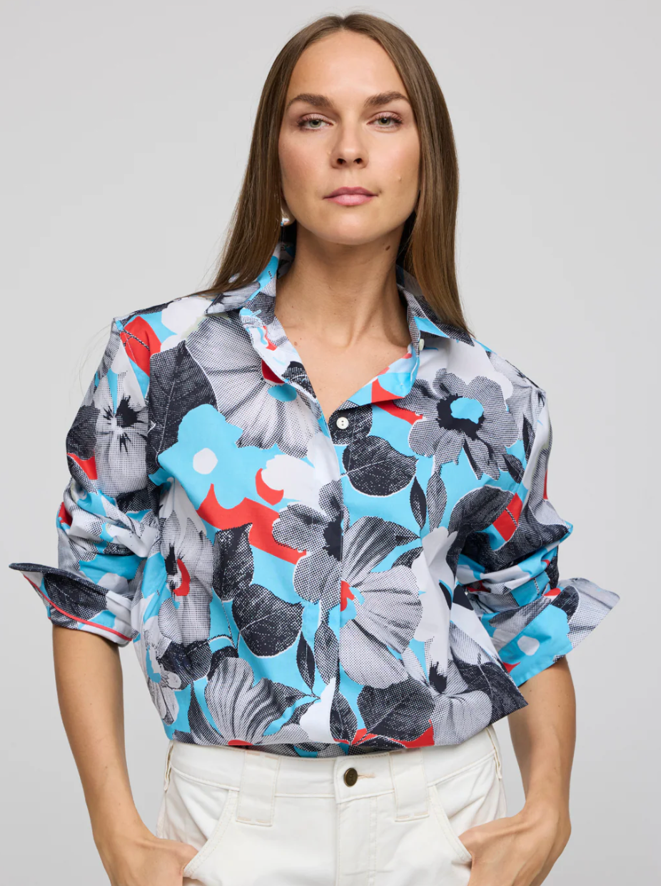 Halsey Long Sleeve Pop Art Flower Shirt in Blue Combo