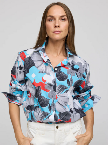 Halsey Long Sleeve Pop Art Flower Shirt in Blue Combo