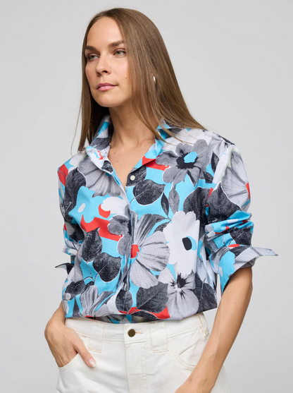 Halsey Long Sleeve Pop Art Flower Shirt in Blue Combo