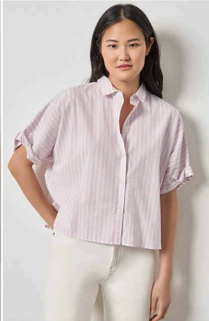 Striped Oversized Button Down Dolman in Lavender Stripe