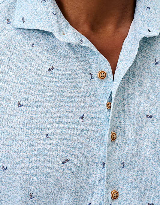 Printed Mesh Short Sleeve Button Down Shirt-Rowing Printed Knit