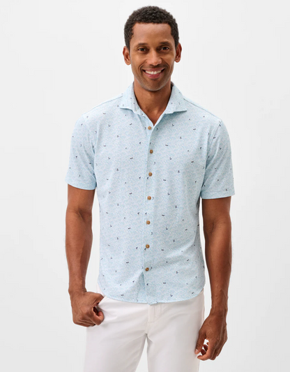 Printed Mesh Short Sleeve Button Down Shirt-Rowing Printed Knit