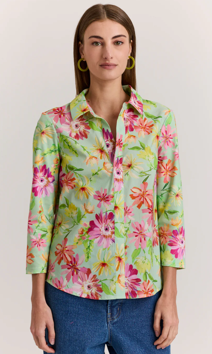 Lizette 3/4 Sleeve Green Floral Print Top