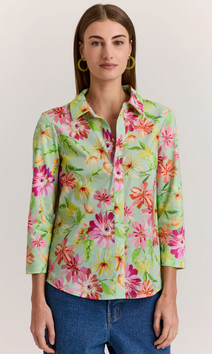 Lizette 3/4 Sleeve Green Floral Print Top