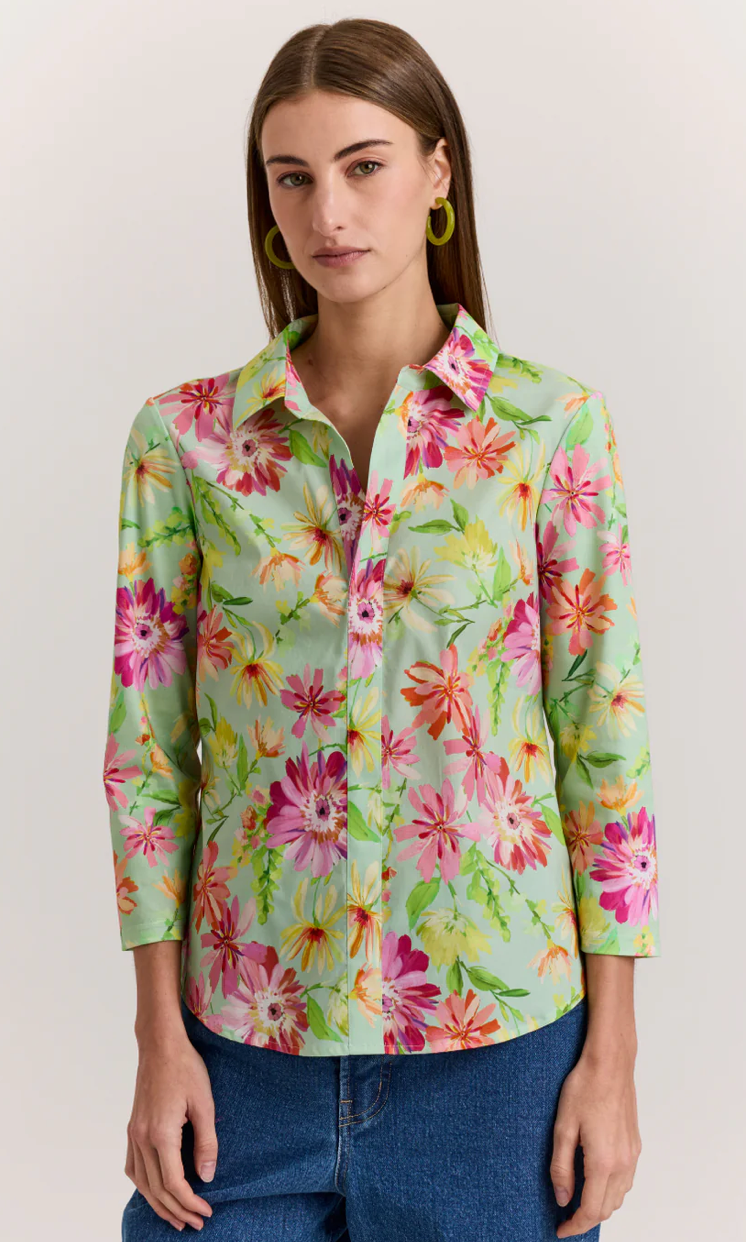 Lizette 3/4 Sleeve Green Floral Print Top