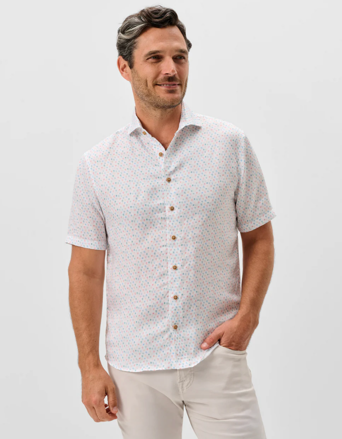 Linen Blend Short Sleeve Button Down Shirt-Cash Bar Print