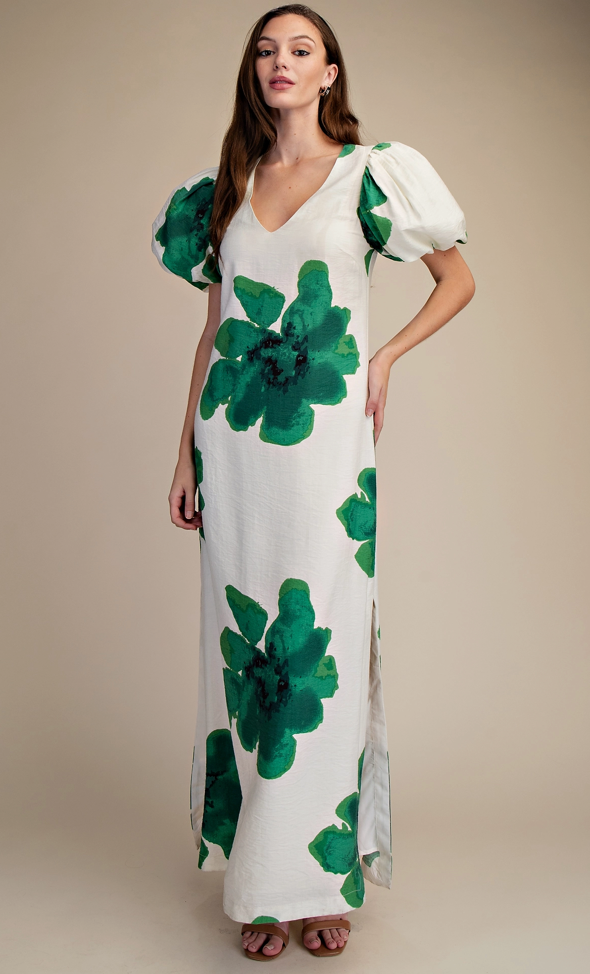 Shamrock Puff-Sleeve A-Line Maxi Dress