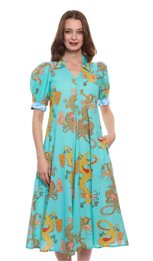 Montauk Dress Linen Cotton Turquoise Dragons Print