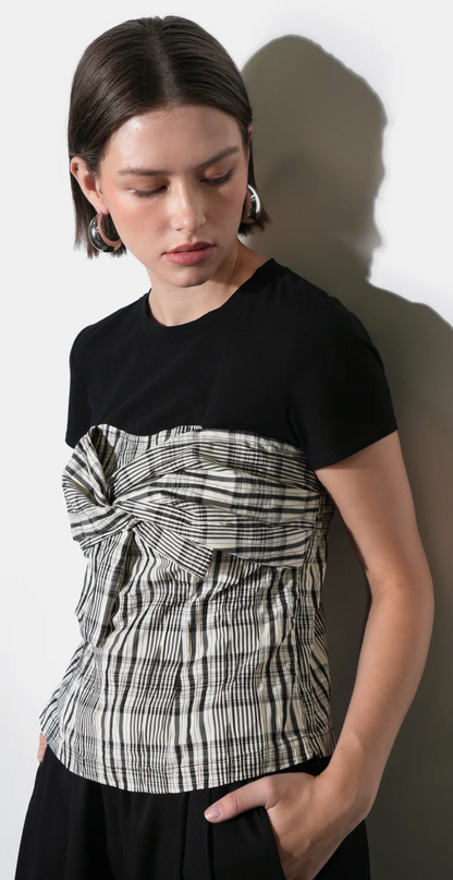 Nadia Knit Combo Twist Front Top in Black and Ivory