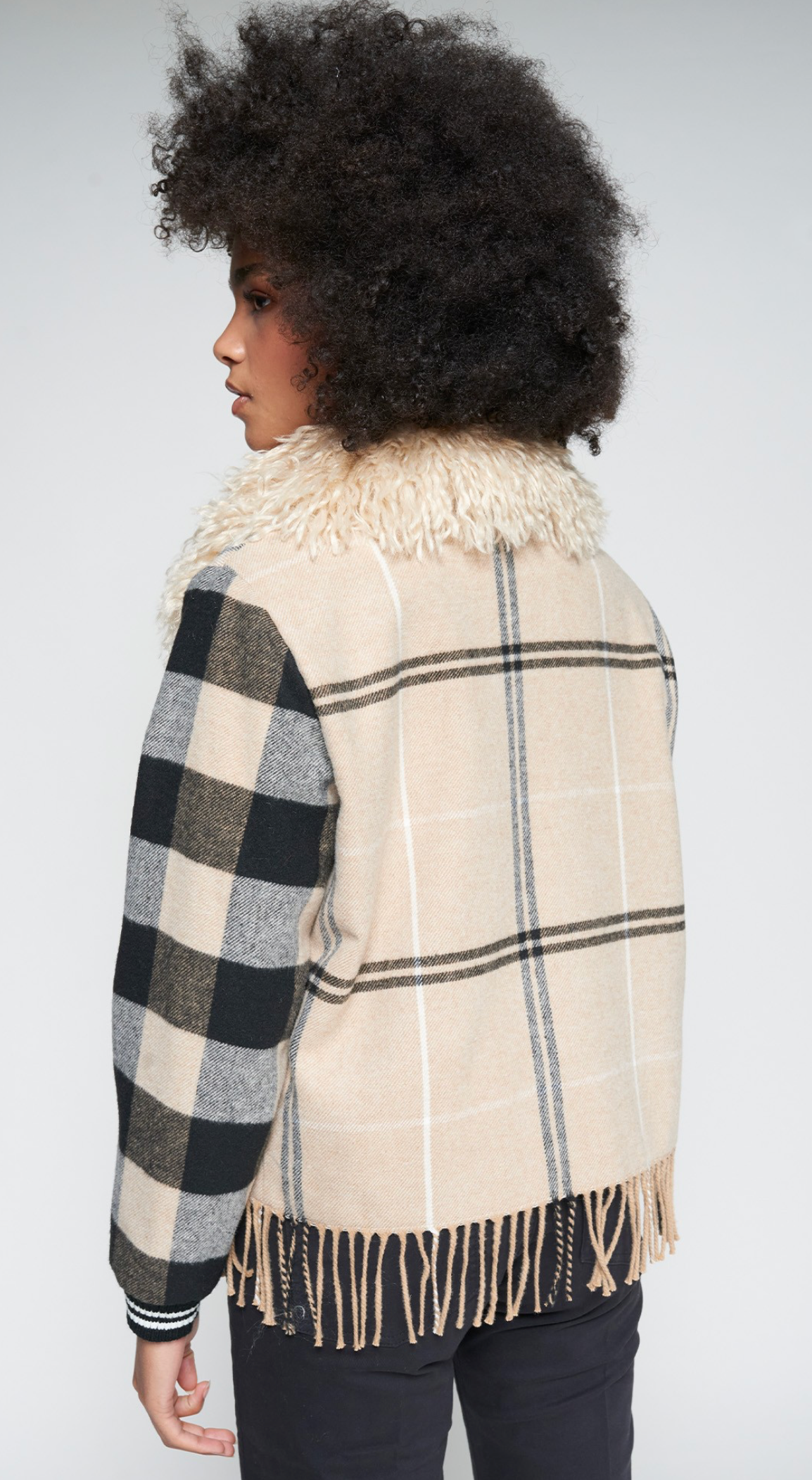 Checked Wool Bomber With Fringes