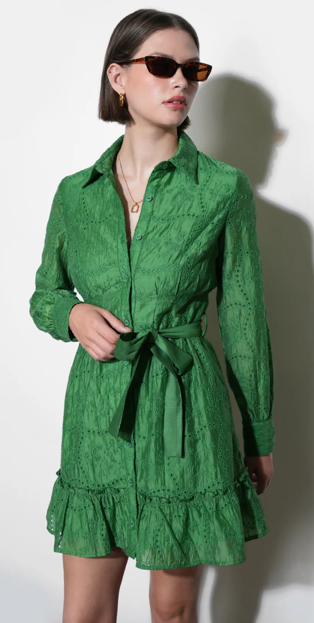 Tabitha Embroidered Cinched Waist Mini Dress in Retro Green