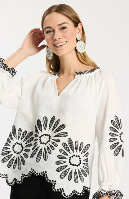 Kelsey Linen Embroidered Top in Black and White