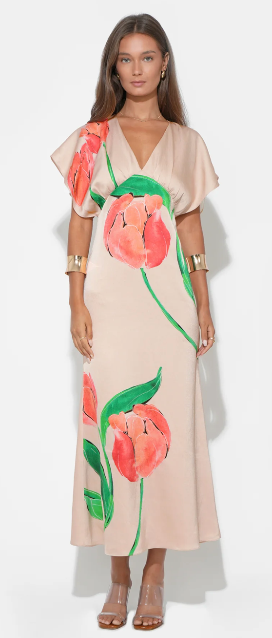 Madelyn Flutter Sleeve Large Floral Midi Dress in Floral Print