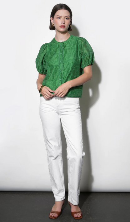 Sadie Puff Sleeve Embroidered Blouse in Retro Green